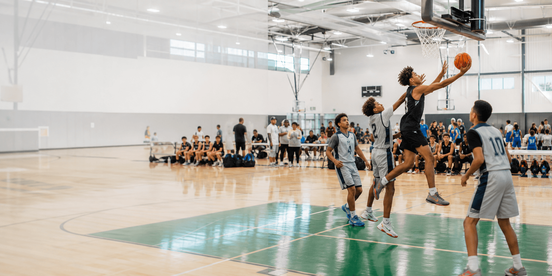 Youth basketball tournament in a community gym